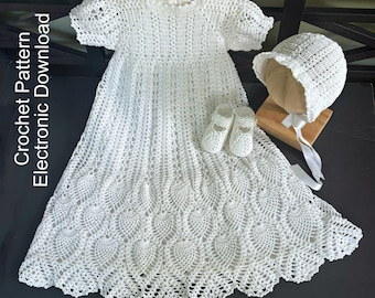Conjunto de bautizo a crochet para bebé niña con vestido, gorro, zapatos y patrón imprimible para enagua (4-6 meses).