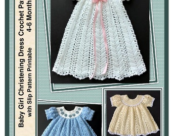 Christening Dress Crochet Pattern with Slip Pattern Printable:  4-6 Months
