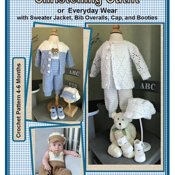 Boy Christening or Everyday Outfit Crochet Pattern, 4-6 Months with Jacket, Overalls, Newsboy Hat, Booties