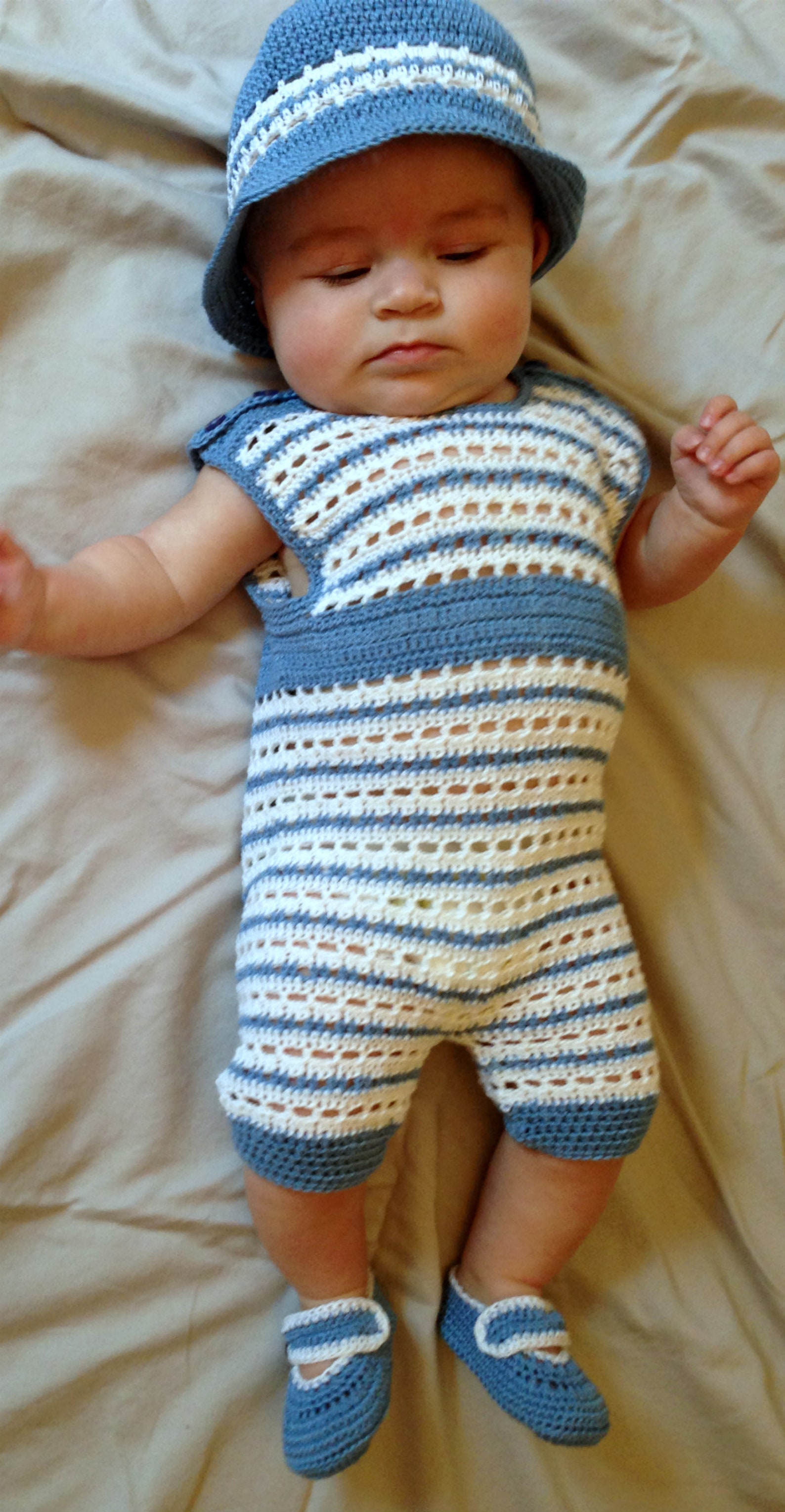 Crochet Knit Boys Romper-Light Blue main image 1