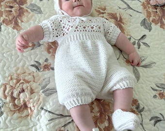 Baby Boy Blessing/Christening Outfit Crochet Pattern 4-6 Months with Romper in Two Lengths, Bonnet, and Shoes