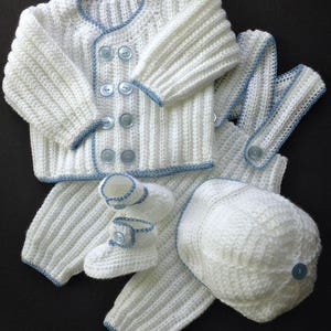 Baby Boy Christening Outfit Crochet Pattern, Sweater Jacket, Pants, Hat ...