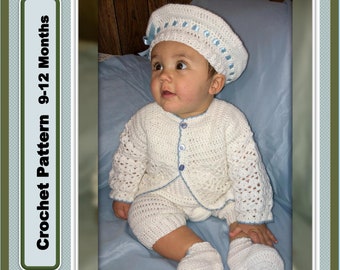 Baby Boy 9-12 Mo. Christening Outfit Crochet Pattern with Jacket, Romper, Beret, Booties