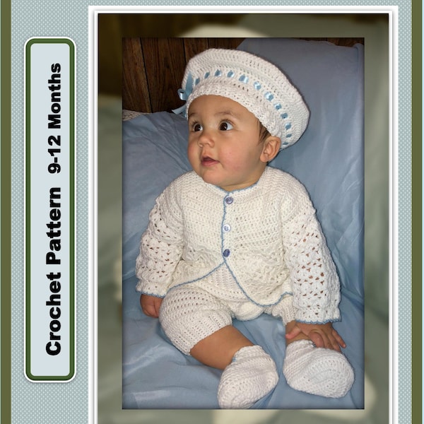 Baby Boy 9-12 Mo. Christening Outfit Crochet Pattern with Jacket, Romper, Beret, Booties