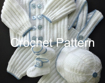 Baby Boy Christening Outfit Crochet Pattern 4-6 Months with Sweater Jacket, Suspendered Pants, Cap, and Booties