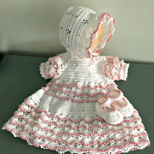 Baby Girl Little Ruffles Outfit Crochet Pattern Newborn-3 Months with Dress, Bonnet, and Shoes