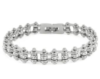 Heavy Metal Jewelry 3/8 inch Wide MINI MINI SIZE All Stainless With White Crystals Stainless Steel Motorcycle Bike Chain Bracelet