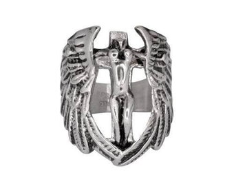 Heavy Metal Jewelry Men's Stainless Steel Guardian Angel Ring Motorcycle Jewelry