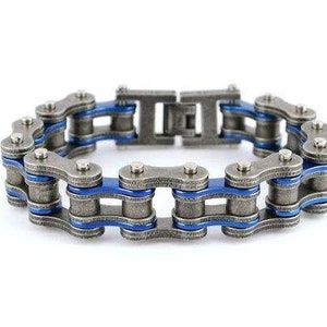 May include: A silver chain bracelet with blue accents. The bracelet is made of linked metal chains.