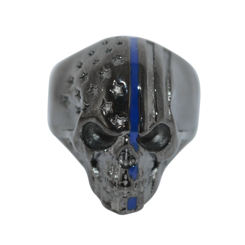 Patriot Skull USA Flag Police Thin Blue Line Ring Stainless Steel Heavy Metal 