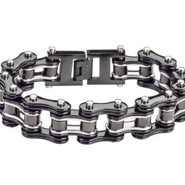 Heavy Metal Jewelry Two Tone Black Silver 3/4 inch Wide Double Link Design Unisex Stainless Steel Motorcycle Chain Bracelet SK1125