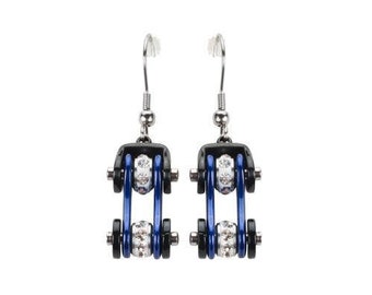 Heavy Metal Jewelry Ladies Two Tone Black Blue Crystal Centers Bike Chain Earrings Stainless Steel Motorcycle Biker Jewelry SK1107E