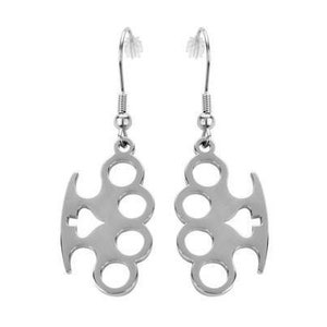 May include: A pair of silver dangle earrings featuring a knuckle duster design. The earrings have a simple hook closure.