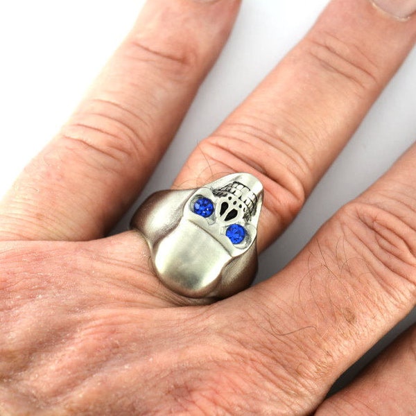 Heavy Metal Jewelry BRUSHED FINISH Skull Ring Imitation Blue Sapphire Stone Eyes Stainless Steel Solid Inside
