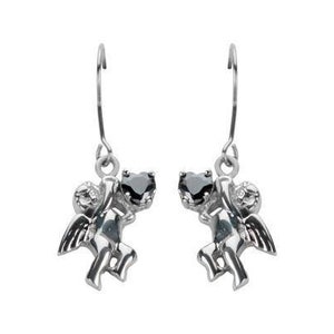 May include: A pair of silver-toned dangle earrings. Each earring features a small, winged cherub holding a heart-shaped, black gemstone. The earrings have a simple hook closure and are set against a white background.