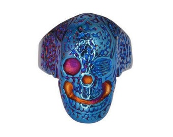 Gents Tattoo's Gone Wild Blue Skull Ring Anodized Edition Design Stainless Steel Motorcycle Biker Heavy Metal Jewelry With Velvet Bag SK1751