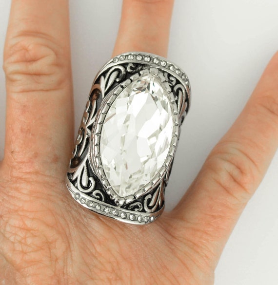 Heavy Metal Jewelry Ladies Big Crystal Fancy Design Ring Stainless