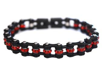 SK2007 3/8" Wide MINI MINI SIZE All Black With Red Crystal Centers Stainless Steel Motorcycle Bike Chain Bracelet