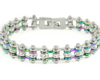 Heavy Metal Jewelry 3/8 inch Wide MINI MINI SIZE 2 Tone Silver Rainbow - White Crystal Center Stainless Steel Motorcycle Bike Chain Bracelet