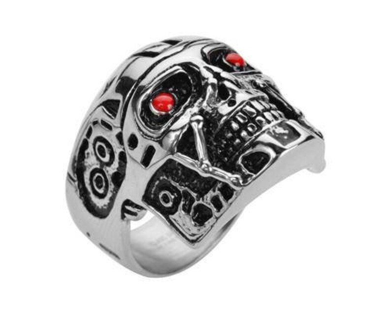 Heavy Metal Jewelry Gents Terminator Robot Red Eyes Ring Etsy