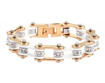 Women's Heavy Metal Jewelry 1/2 inch Wide Two Tone Gold White With White Crystal Centers Stainless Steel Motorcycle Bike Chain Bracelet