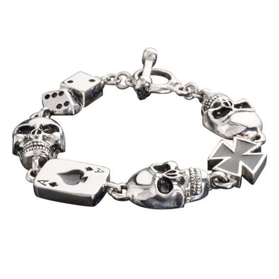 Gents Stainless Steel Rock Of Ages Heavy Metal Jewelry Van Halen Metallica Lesb Poker Run Skull Bracelet SK1364