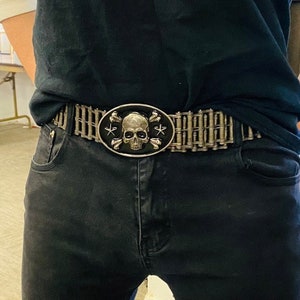 Mens Easy Rider Belt 1.5" Wide with Skull Buckle Primary Chain Belt Old School