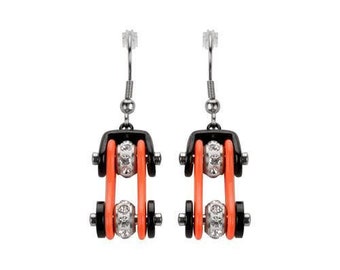 Ladies Heavy Metal Jewelry Two Tone Black Orange Crystal Centers Bike Chain Earrings Stainless Steel Motorcycle Biker Jewelry