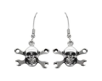 Heavy Metal Jewelry Skull Wrenches French Wire Earrings Stainless Steel Motorcycle Biker Jewelry