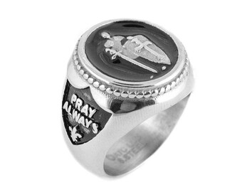 Joyería de metal pesado Reza siempre Religioso Hombres Motociclista Anillo Armadura de Dios Motocicleta Acero inoxidable Arte sagrado Tamaño 10-14 SK1786