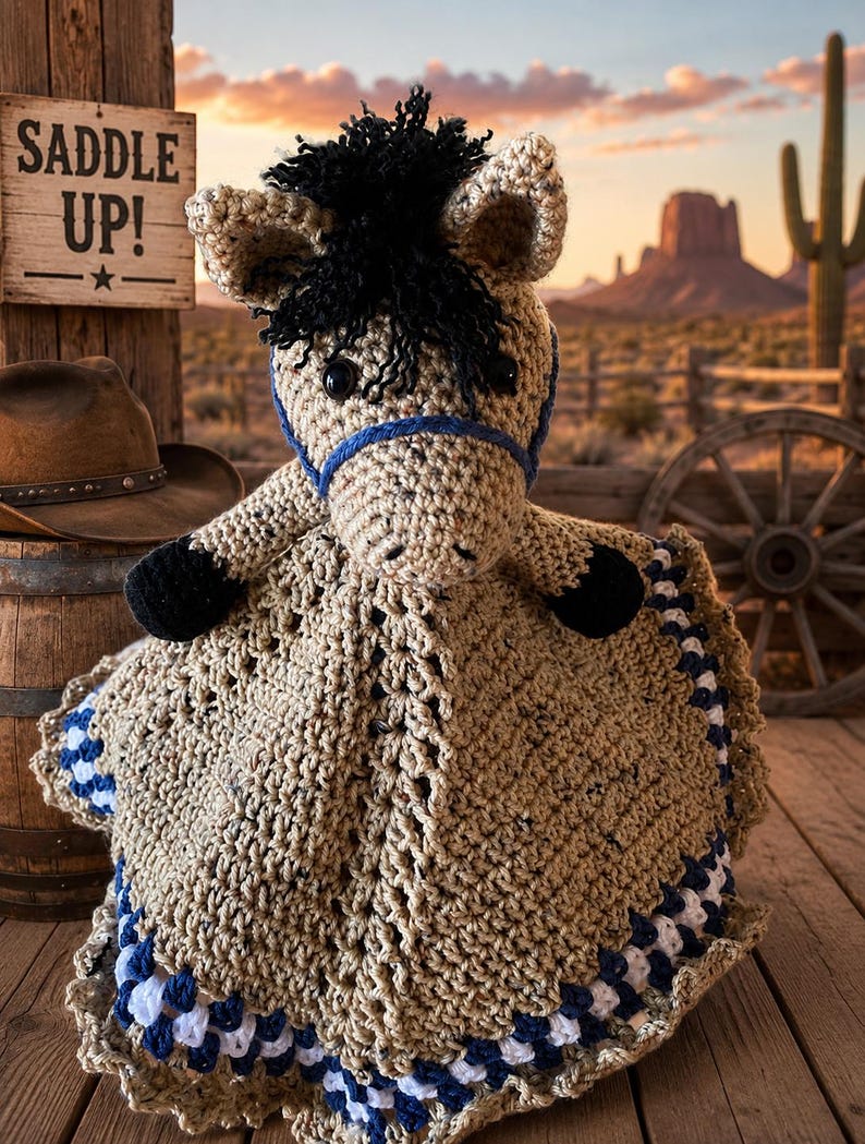 May include: A tan crochet horse lovey featuring a black yarn mane, black hooves, and a blue yarn bridle. The body consists of a textured, square-shaped blanket with a decorative border of white and navy blue yarn stitches.
