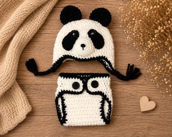 Handmade Panda Hat & Diaper Cover Set | Crochet Newborn Photo Prop | Baby Shower Gift | Newborn