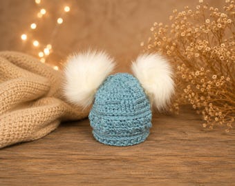 BABY SHOWER GIFT | Newborn baby Double Pom Pom Hat faux fur pom poms | Baby Girl Coming Home Outfit | Baby Girl Hat|