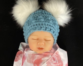 BABY SHOWER GIFT | Newborn baby Double Pom Pom Hat faux fur pom poms | Baby Girl Coming Home Outfit | Baby Girl Hat|