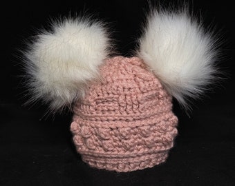 BABY SHOWER GIFT | Double Pom Pom Hat faux fur pom poms | Baby Girl Coming Home Outfit | Baby Girl Hat|