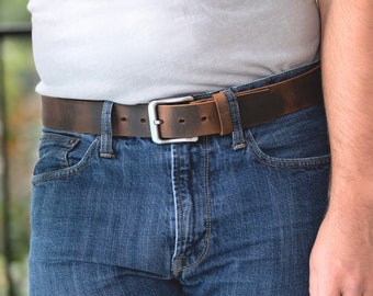 Comfortable Brown Leather Belt (1.5" wide): Quality Full Grain Distressed Leather, Nickel Free Buckle, Made in USA, Big & Tall Sizes