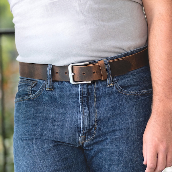 Comfortable Brown Leather Belt (1.5" wide): Quality Full Grain Distressed Leather, Nickel Free Buckle, Made in USA, Big & Tall Sizes