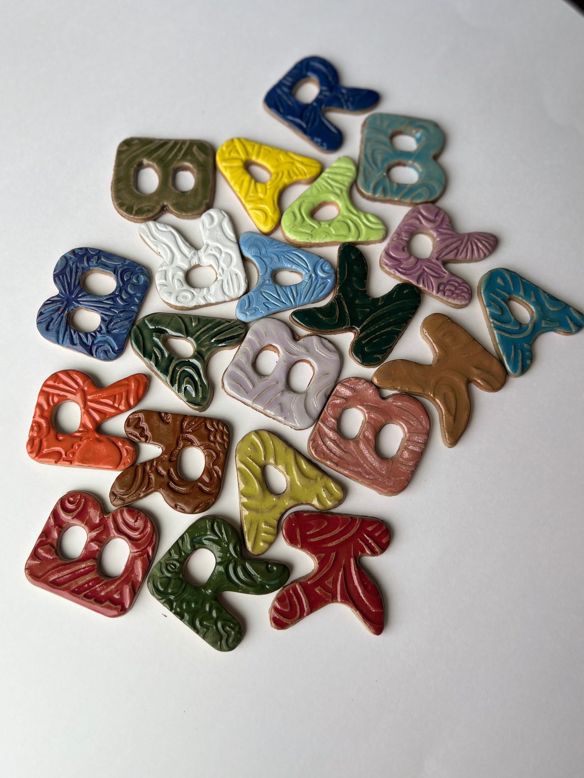 Letter A to Z Mosaic Tile Handmade Decorative Stoneware Assorted Colors (1 1/2 - 2”) Ceramic Letters
