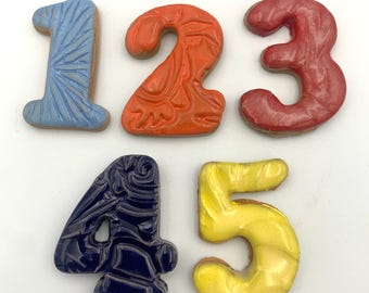 5 Numbers - Mosaic Tile Handmade Decorative Stoneware Assorted Colors (1” - 1 7/8”) Ceramic Numbers, Your Color, Your Numbers