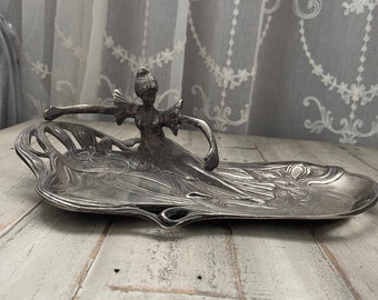 Bandeja de peltre Lady Maiden vintage de estilo Art Nouveau