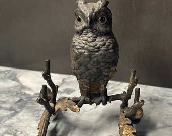 Vintage metal owl inkwell with glass eyes