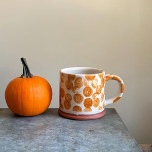 orange dot mug, wheel thrown pottery, handmade ceramic coffee mug