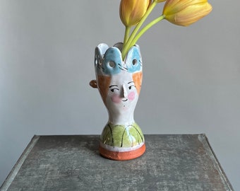 bud vase girl with blond hair, hand-built ceramic, whimsical vase