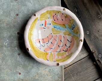 folky cat trinket dish, pink and pistachio, hand-built ceramic