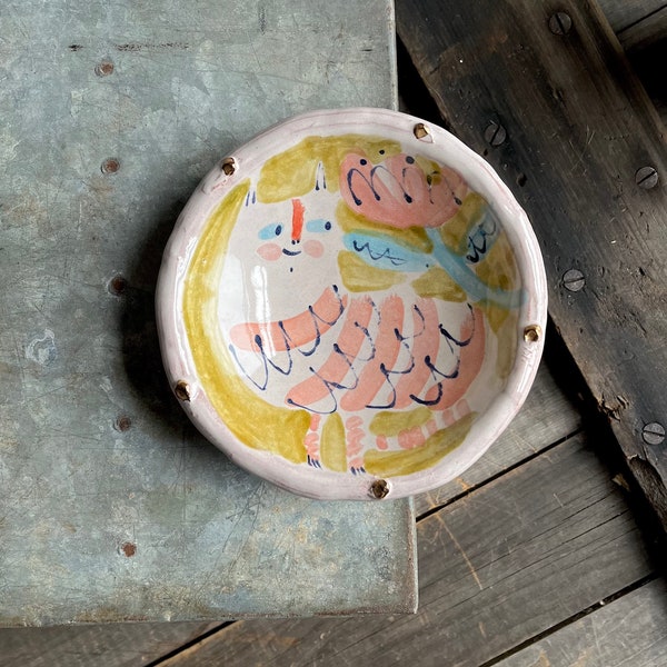 folky cat trinket dish, pink and pistachio, hand-built ceramic