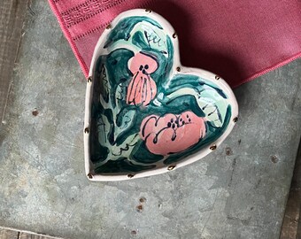 heart trinket dish (teal and pink), hand painted flower design