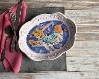 colorful bird dessert plate,  handmade oval plate, whimsical ceramic