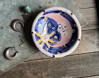 moon and star trinket dish, hand-built ceramic, moon illustration