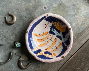 folky cat trinket dish, cobalt and orange,  hand-built ceramic