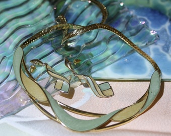 Trifari Pastel Wet Look Vintage Enamel Peach and Green Necklace and Earrings